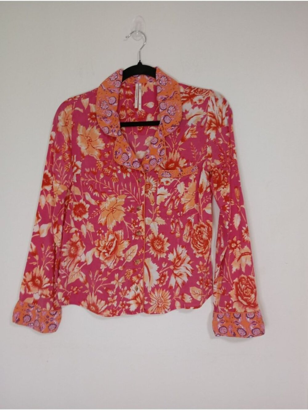 Anthropologie Floral Button-Up Pijama XS Pink & Orange Collared Long Sleeve